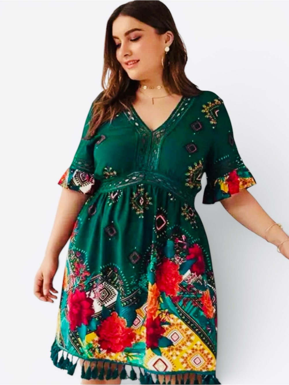 Floral Tassel Hem Green V-Neck Dress - Picture 4 of 11